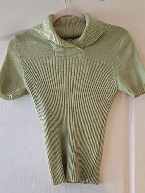 Light Green Ribbed Short-Sleeve Turtleneck Top